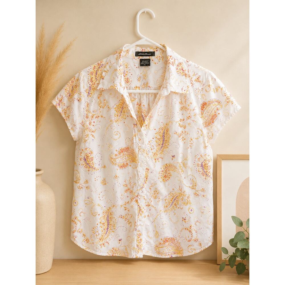 Eddie Bauer XL White Paisley Button Front Short Sleeve Blouse